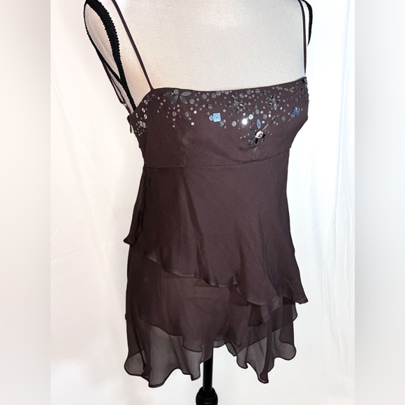 BCBG Max Azria Brown Beaded Silk Flowy Spaghetti Strap Top Size L - Picture 5 of 8